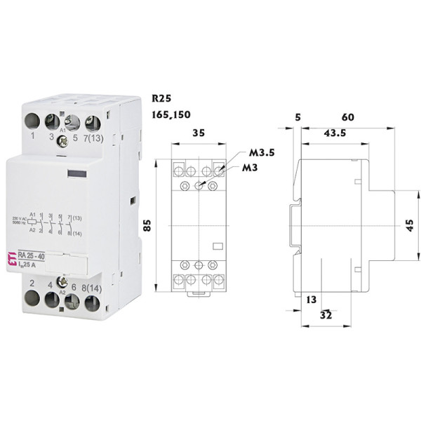 Контактор модульний ETI RA 25-40 25A 230V AC (4NO)