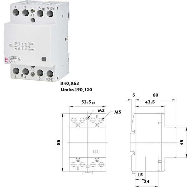 Контактор модульний ETI RA 63-40 63A 230V AC (4NO)