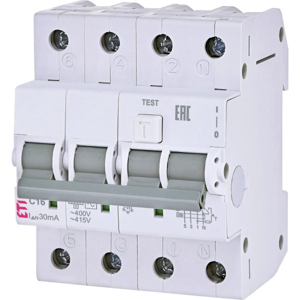 Дифференциальный автоматический выключатель ETI KZS-4M 3p+N C 16/0,03 тип AC (6kA)
