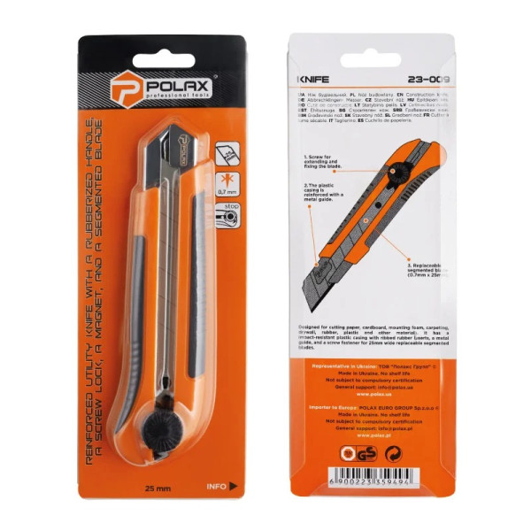 Ніж будівельний Polax посилений, гвинтовий замок 25 мм (23-009)