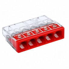 Клемма с зажимом Wago Compact на 5 отверстия 24А прозрачная-красная