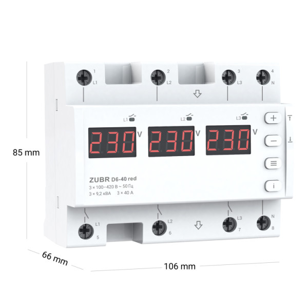 Трифазне реле контролю напруги Zubr 40А D6-40 red термозахист 