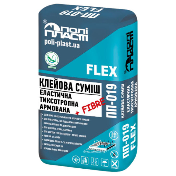 Поліпласт ПП-019 клейова суміш еластична тиксотропна армована фіброволокном 25 кг.