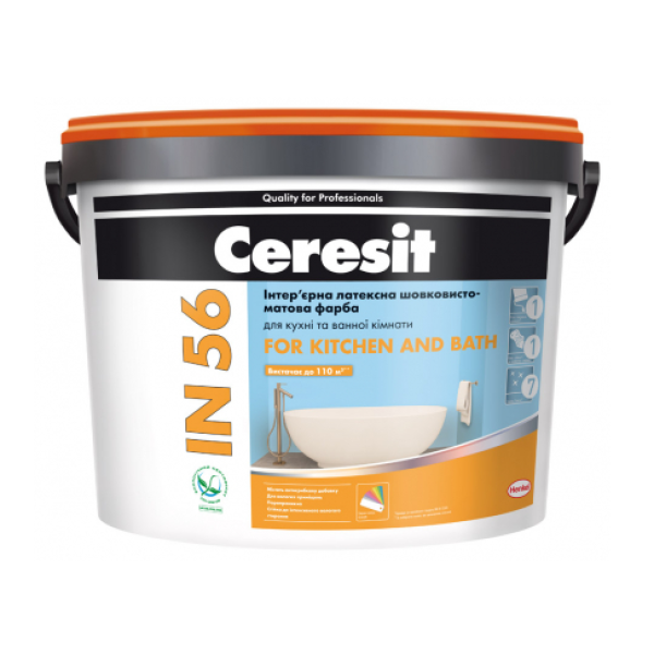 Краска Интерьерная латексная Ceresit IN 56 FOR KITCHEN AND BATH шелковисто-матовая, База А - белый, 10 л