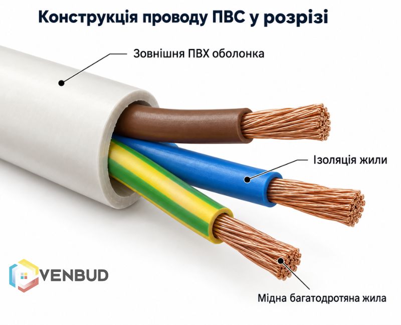 Конструкція проводу ПВС у розрізі Конструкція проводу ПВС у розрізі — мідні багатодротяні жили, ізоляція та ПВХ оболонка
