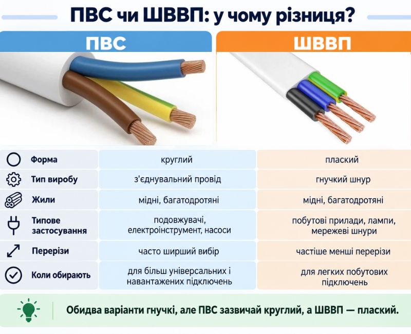 Порівняння ПВС і ШВВП ПВС чи ШВВП — порівняння кабелів за формою, конструкцією та застосуванням